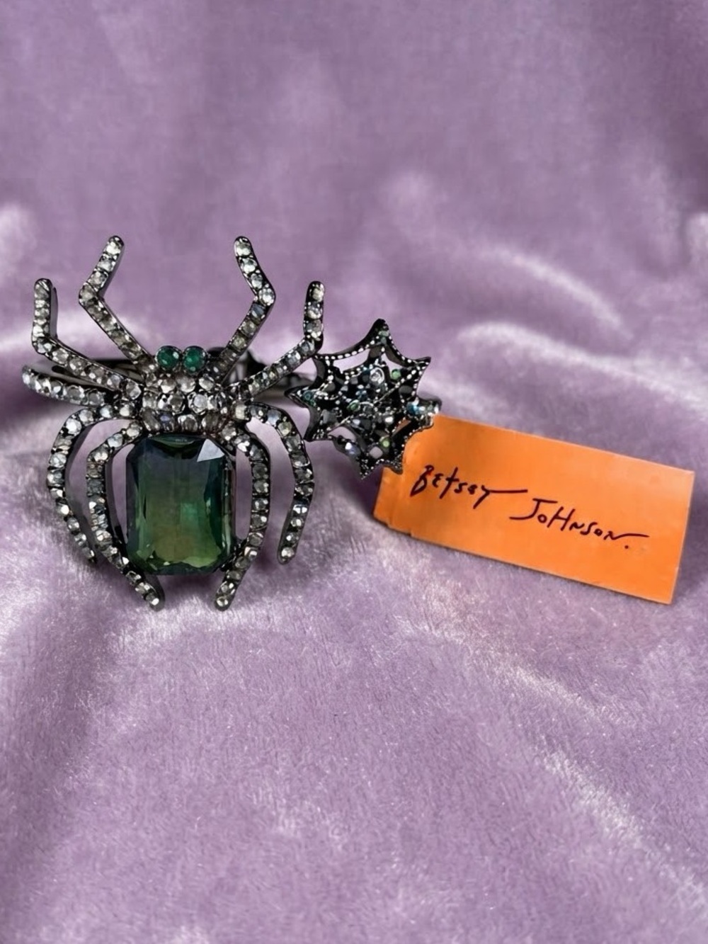 Betsey Johnson Bracelet Gunmetal Green Bangle Crystal Spider Web Halloween NWT